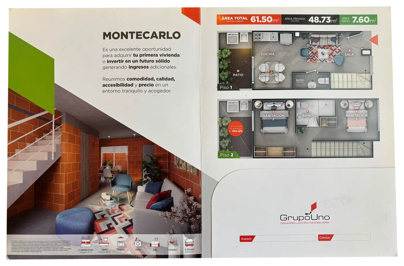 Brochure abierto con planos y fotografía